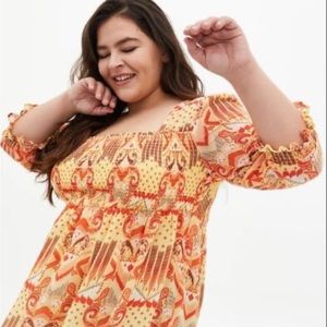 Torrid Top 0 L Yellow Orange Ruched Bodice Square Neck 3/4 Sleeves